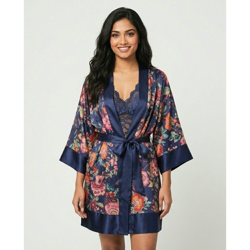 Vintage Victorias Secret Gold Label Satin Kimono Robe Blue Pink Floral One Size